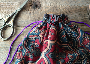 Repurposed Indian Calico Temari Kinchaku (drawstring) Purse, Japanese Handmade, tkvu0003