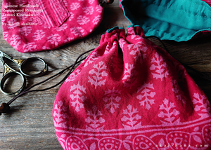 Repurposed Indian Calico Temari Kinchaku (drawstring) Purse, Red, tkvu0005