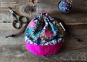Repurposed Indian Floral Embroidery Temari Kinchaku (drawstring) Purse ⦿tkvu0008