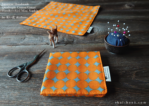 Quadruple Reversible Japanese Handkerchief, Orange Circles, 100% Japanese Cotton Gauze