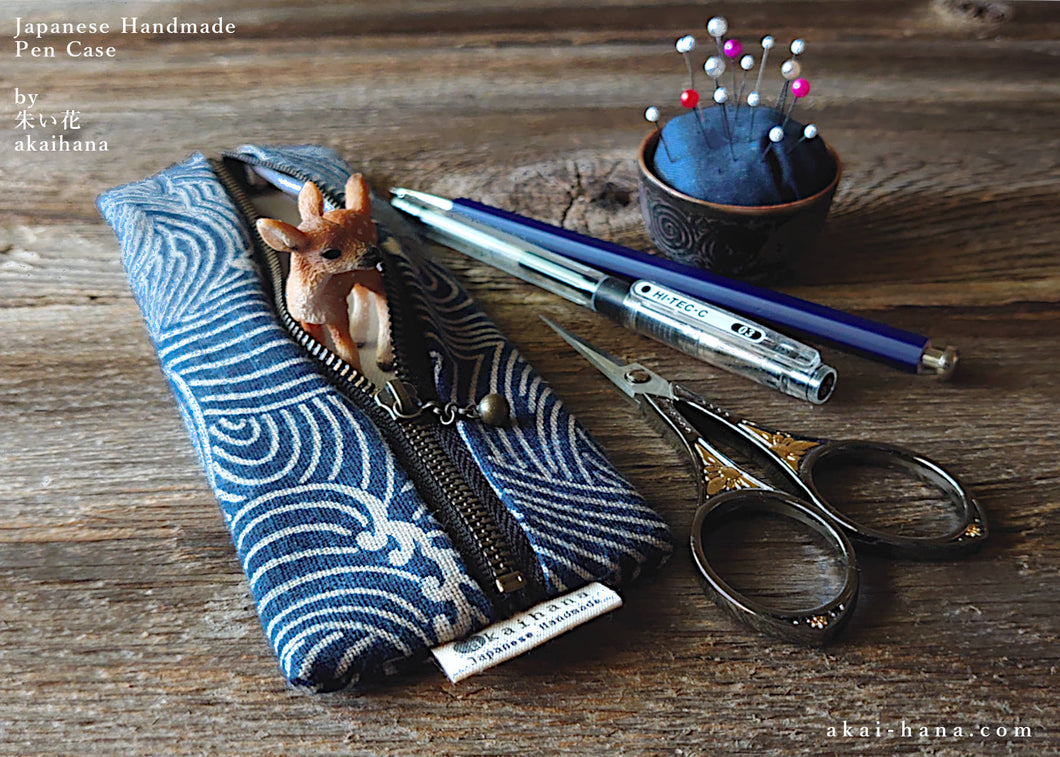 Japanese Handmade Pen Case, Aizome Style Print, Waves